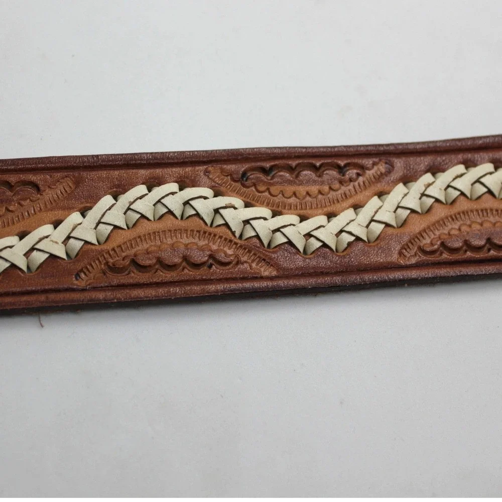 Western Leather Belt Stamped Embossed Braided 1.5